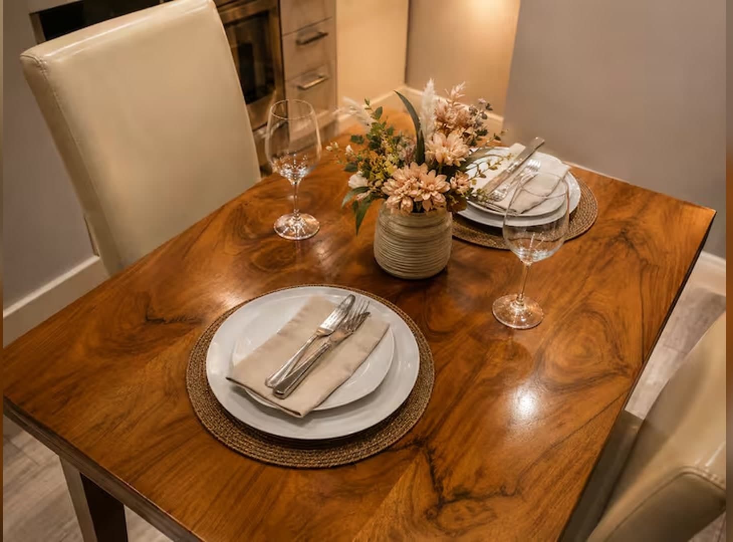 Dining table set for two guests